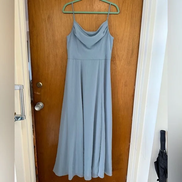 David’s Bridal Dusty Blue Chiffon Cowl Neck Bridesmaids Dress Gown with Slit - Picture 2 of 5